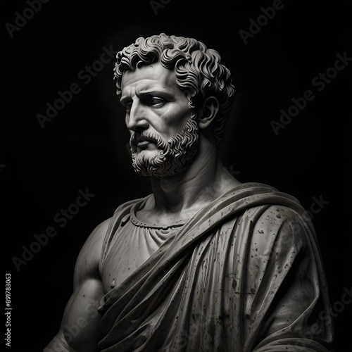 Black and white greek marble stoicism figure statue with black background