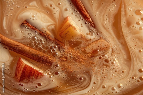 a cup of coffee with cinnamon and apples