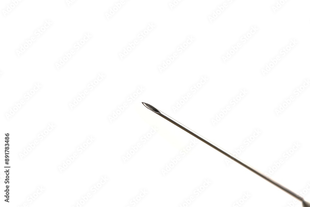 The needle of a medical syringe is large on a white background. The needle of a medical syringe is large on a white background.