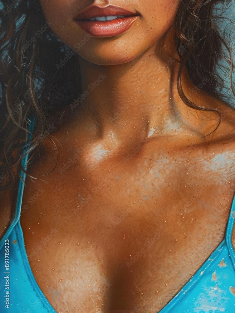 Woman in a bright blue swimsuit, close-up with a neutral gray background. Woman in a bright blue swimsuit, close-up with a neutral gray background.