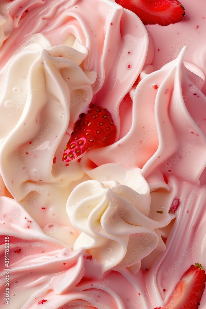 a close up of a strawberry cake with whipped cream a close up of a strawberry cake with whipped cream