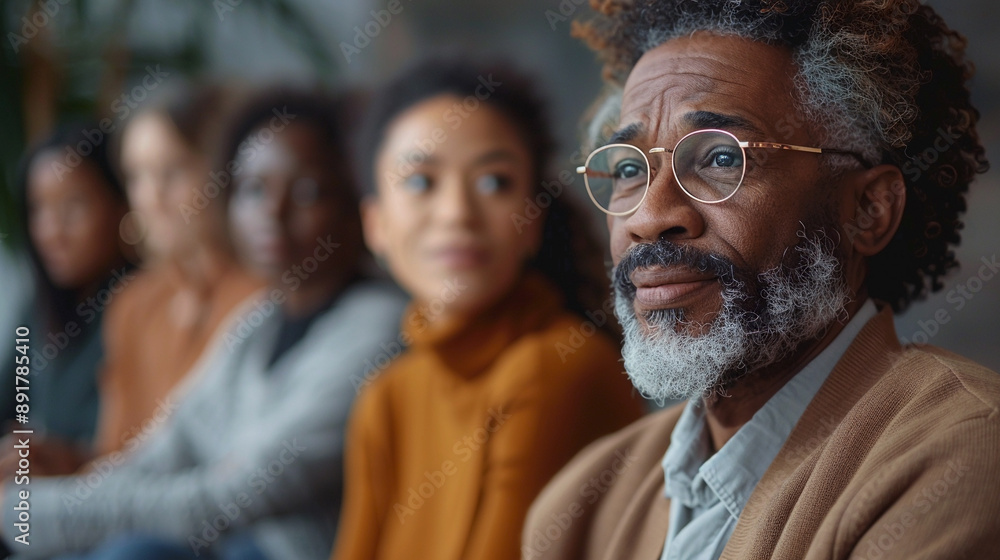 Obraz premium Portrait of group diverse people talking in debate session in office, discussing topics. Engaged audience at a casual business presentation or seminar. 