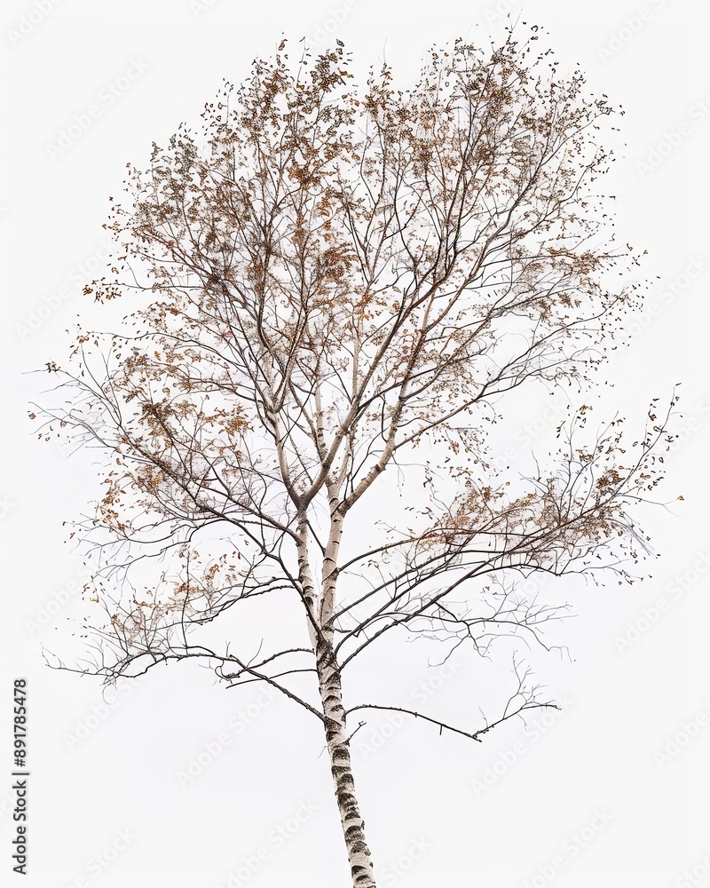 Solitary birch tree with slim branches and white bark on white backdrop Solitary birch tree with slim branches and white bark on white backdrop