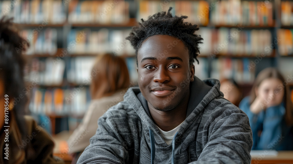 Portrait of group students African American guy talking in debate session in school, discussing topics, education. 