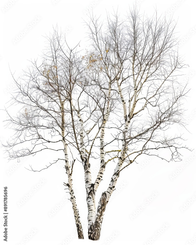 A group of birch trees stand bare against a white backdrop A group of birch trees stand bare against a white backdrop