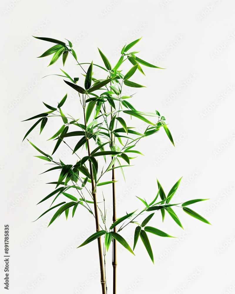 Fototapeta premium Graceful bamboo plant with slender stalks and green leaves on white background