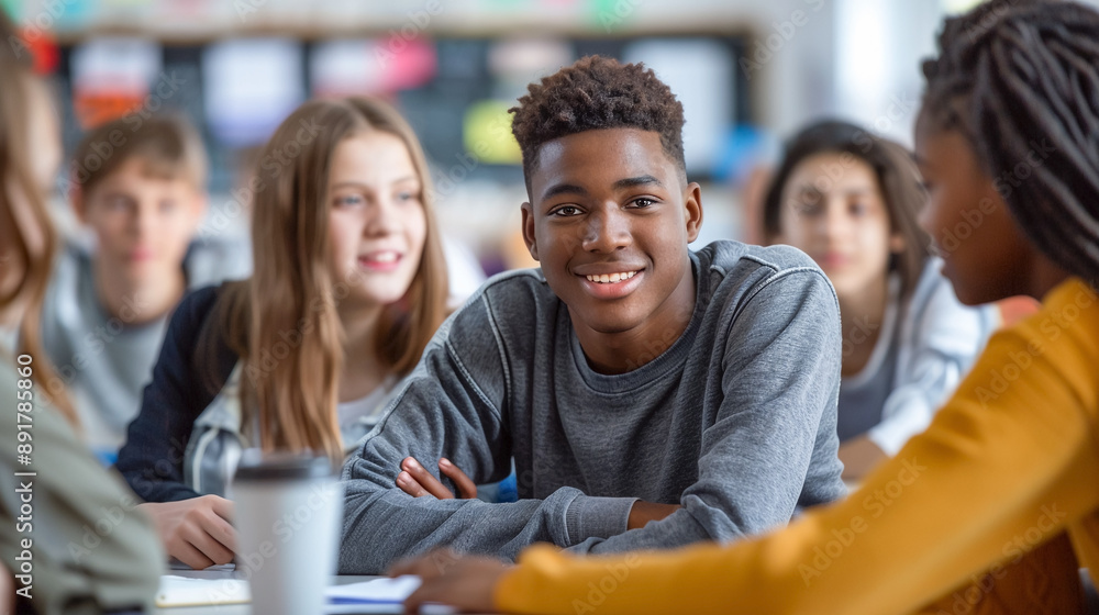 Obraz premium Portrait of group students African American guy talking in debate session in school, discussing topics, education. 