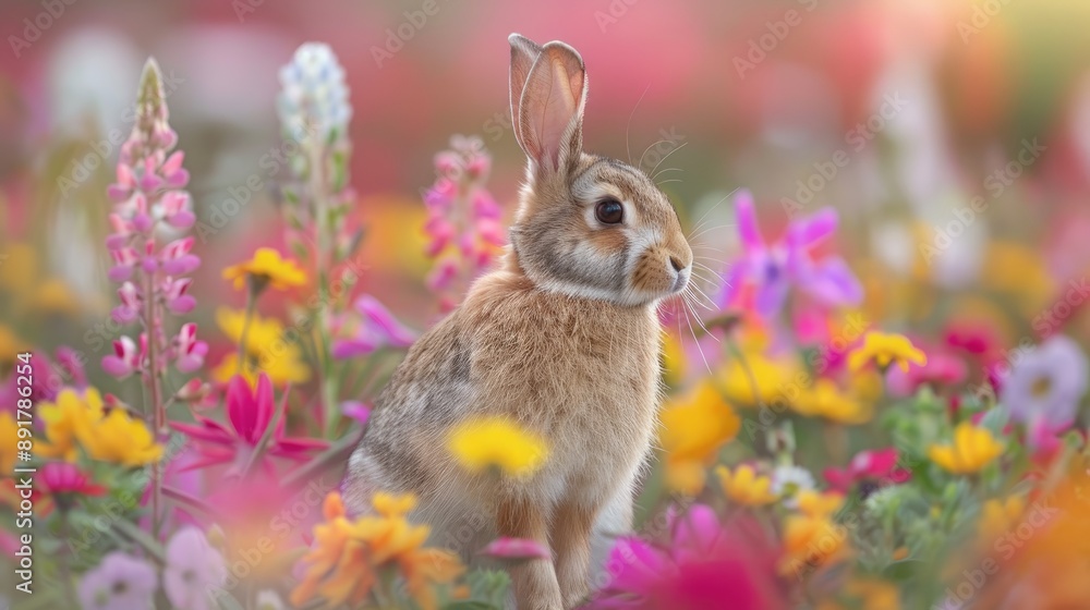 Fototapeta premium Fluffy Bunny Among Spring Flowers