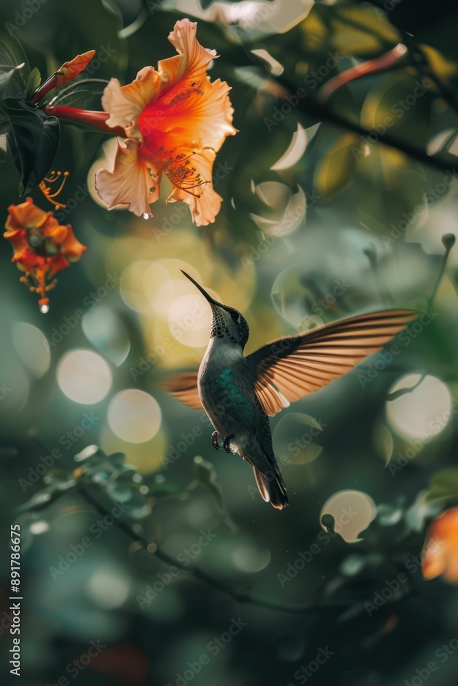 a hummingbird flying through the air near flowers a hummingbird flying through the air near flowers