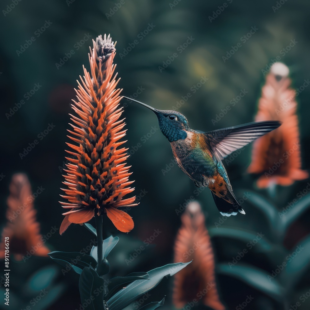 Fototapeta premium a hummingbird flying over a flower