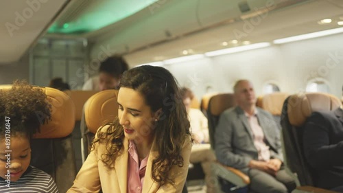 Business woman check the safety to her kid with air hostess sevice the other customer on the background before take off from the airport.