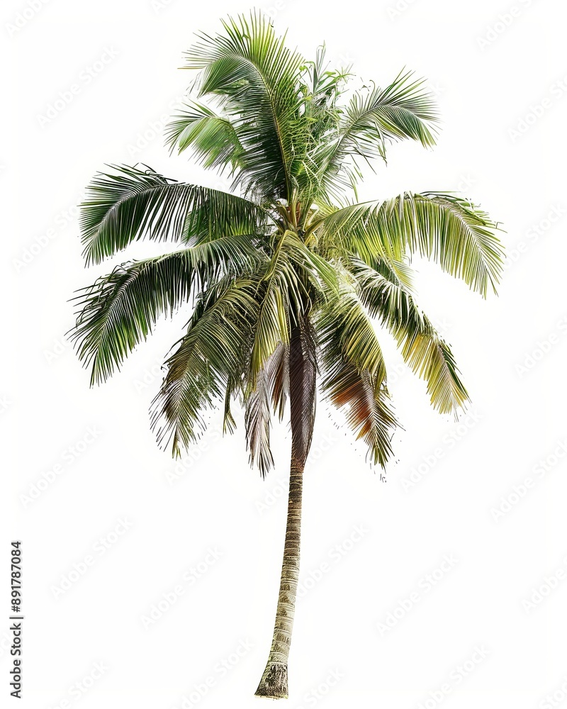 A single coconut palm tree with lush green fronds isolated on a white background A single coconut palm tree with lush green fronds isolated on a white background