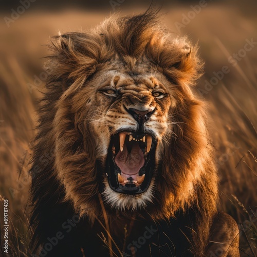 a lion roaring in the grass photo