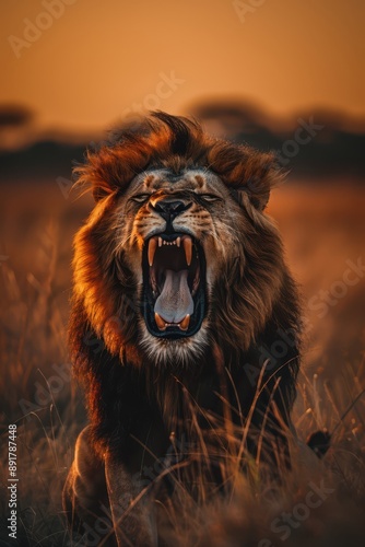 a lion roaring in the middle of a field photo