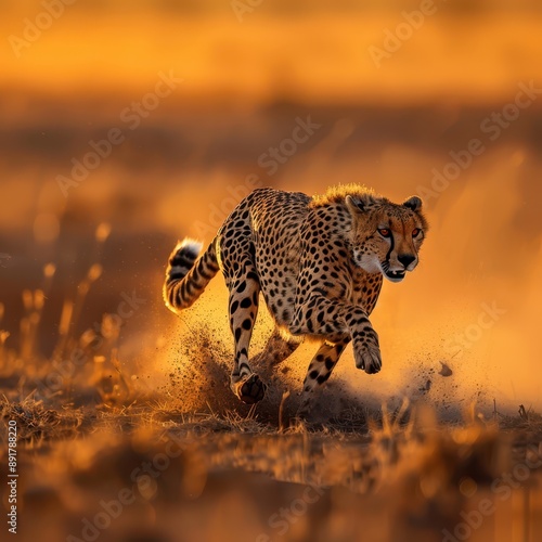 a cheetah running across the field at sunset