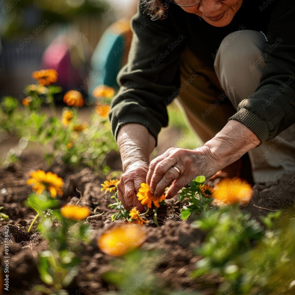 a woman is kneeling down to pick flowers from the ground a woman is kneeling down to pick flowers from the ground