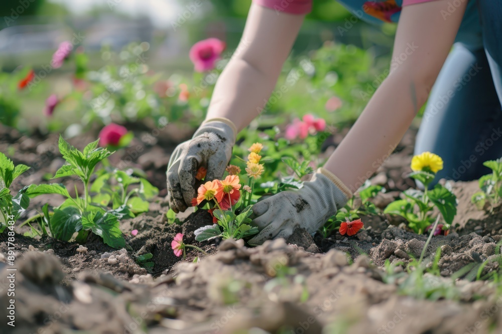 Fototapeta premium a woman is picking flowers in the garden