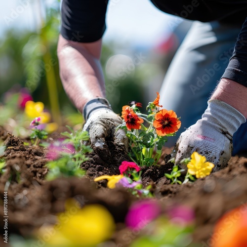 Fototapeta Naklejka Na Ścianę i Meble -  a person is planting flowers in the garden