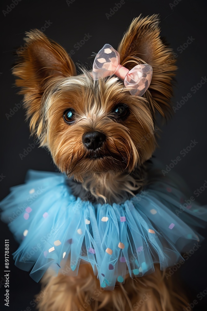 Fototapeta premium Fluffy dog in blue tutu and pink bow, studio lighting, front view, adorable and whimsical