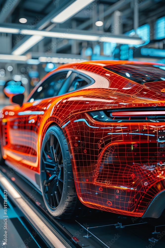 Fototapeta premium Hightech car design lab with a 3D model on screen, modern and innovative