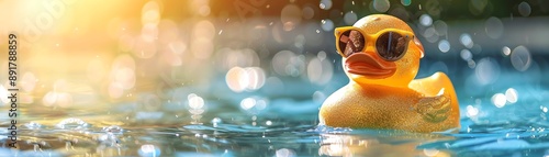 Glittery gold rubber duck with sunglasses, poolside, vibrant and playful photo