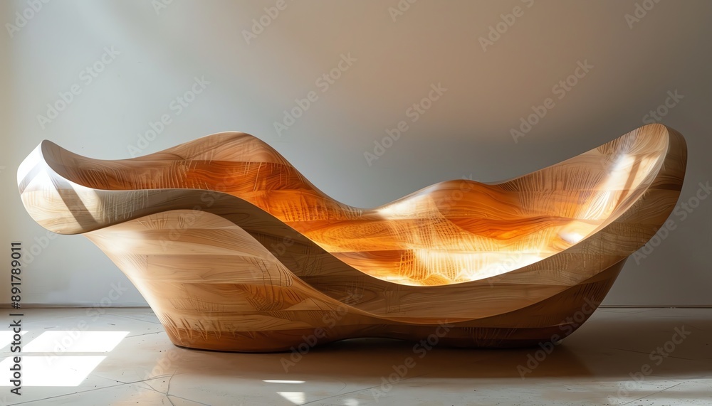 Stylish wooden furniture with flowing designs, soft lighting, contemporary and artistic Stylish wooden furniture with flowing designs, soft lighting, contemporary and artistic