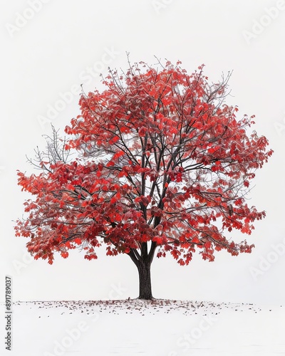 A red elm tree with vibrant autumn leaves stands alone against a backdrop of white snow