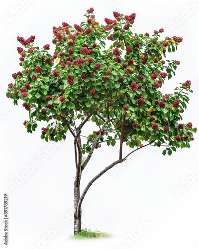 One Red Mulberry tree with ripe red berries, isolated on white