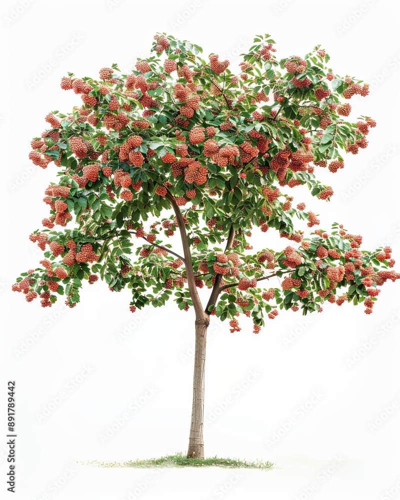 Fototapeta premium Red mulberry tree with green leaves and ripe fruit against white background