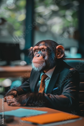 a monkey in a suit sitting at a desk photo