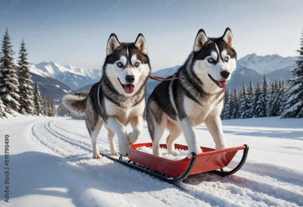 A majestic Husky pulling a sled through a snowy landscape. A majestic Husky pulling a sled through a snowy landscape.