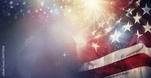 Patriotic American Flag with Stars and Stripes, Waving in the Wind, Against a Blurred Sunset Background. photo