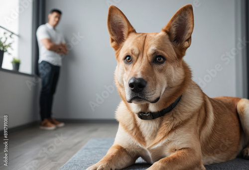 A dog feeling protective of its owner with a watchful gaze.  © jarntag