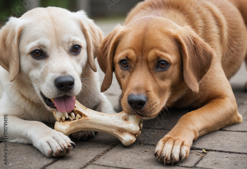  A dog sharing a bone with its best friend (another dog). 