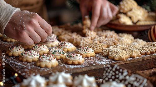 Hands decorating Christmas cookies with icing and sprinkles.