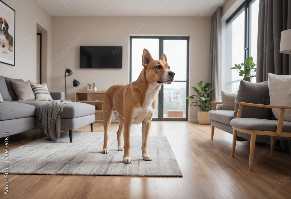 A dog curiously exploring a new apartment. A dog curiously exploring a new apartment.