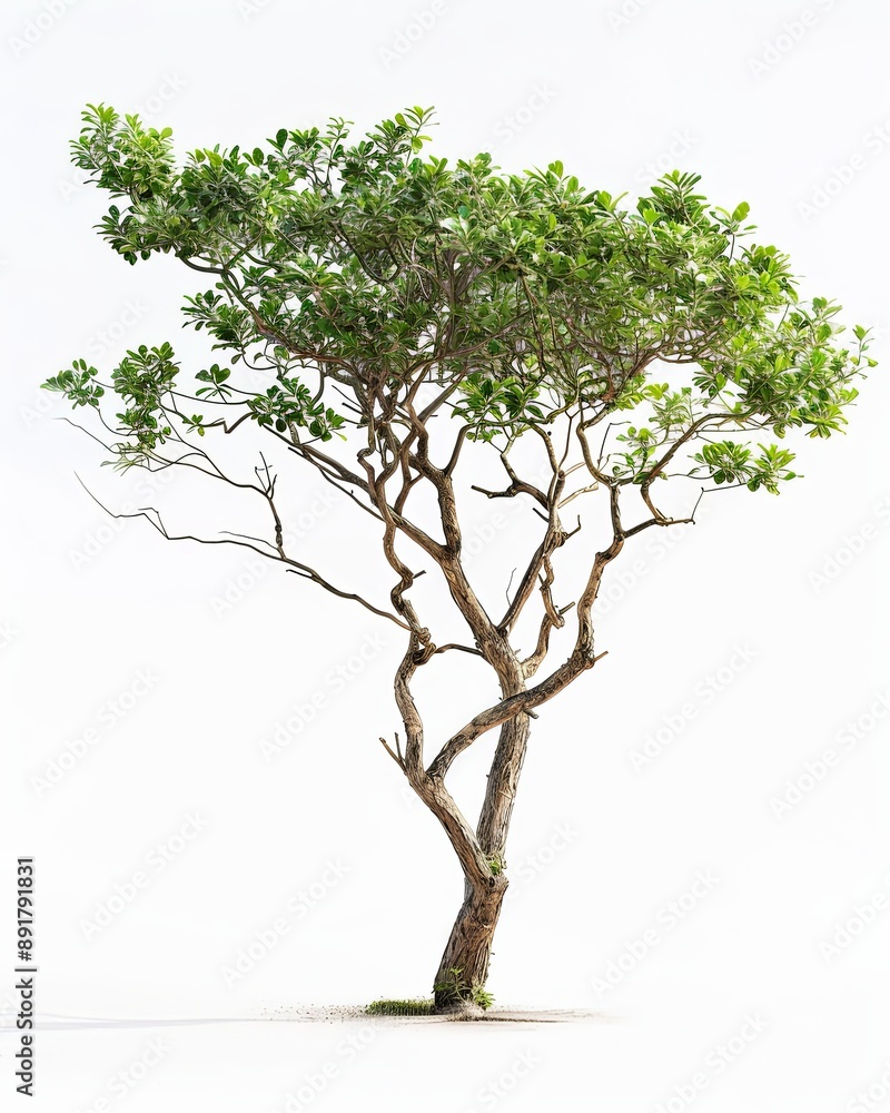 A lone tree stands against a white background, its branches reaching upwards A lone tree stands against a white background, its branches reaching upwards
