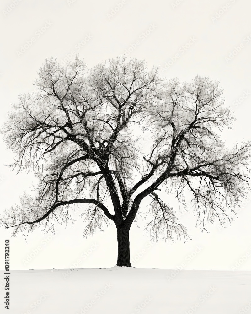 A single walnut tree, bare of leaves, stands isolated against a white background A single walnut tree, bare of leaves, stands isolated against a white background