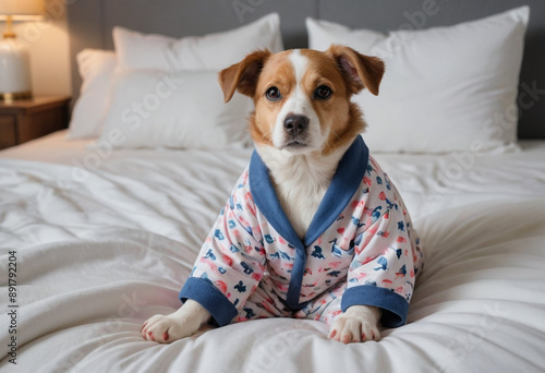  A dog wearing pajamas and slippers curled up in bed. 