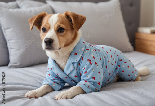  A dog wearing pajamas and slippers curled up in bed.  © jarntag
