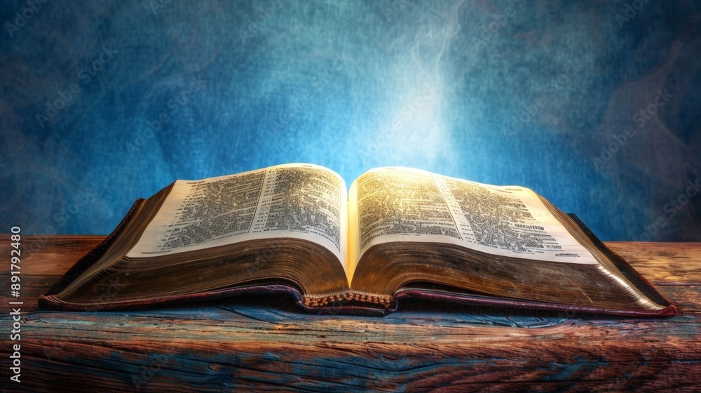 Obraz premium Open Bible on a Wooden Table with a Light Effect