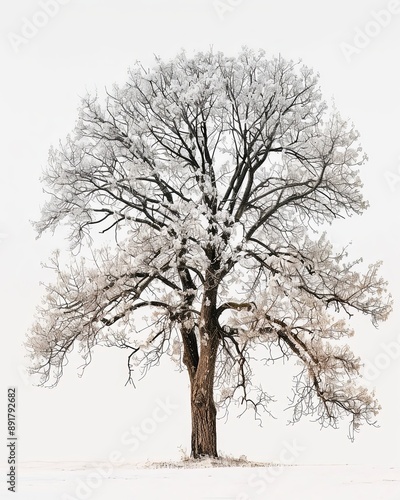 A single, bare-branched White Ash tree stands in a snowy field against a white background