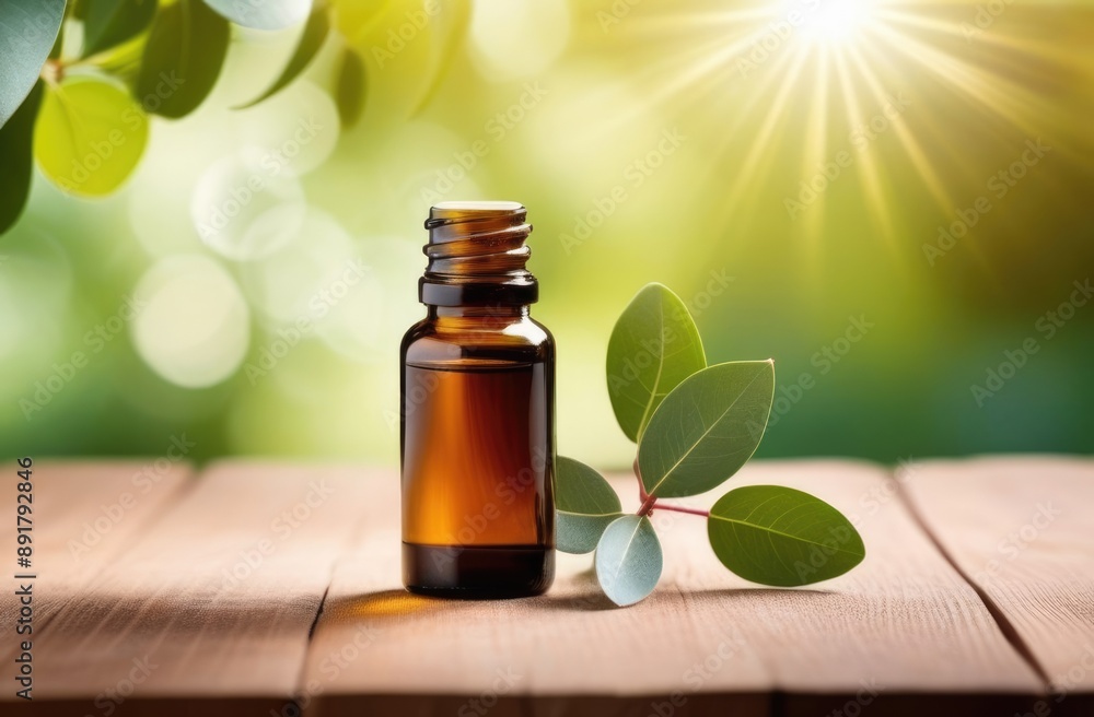 small glass bottle of eucalyptus oil on a wooden table, fresh green eucalyptus branch, eucalyptus leaves, twig, eco-friendly medicinal solution, eucalyptus trees on the background, sunny day small glass bottle of eucalyptus oil on a wooden table, fresh green eucalyptus branch, eucalyptus leaves, twig, eco-friendly medicinal solution, eucalyptus trees on the background, sunny day