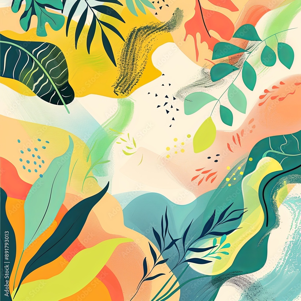 Colorful abstract painting of leaves. The painting is full of life and energy, combines bright and bold colors. Illustration in painted style for cover, card, interior design, brochure or presentation Colorful abstract painting of leaves. The painting is full of life and energy, combines bright and bold colors. Illustration in painted style for cover, card, interior design, brochure or presentation