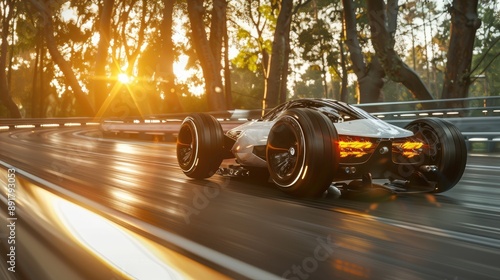 Futuristic solar electric vehicle EV racing on a sunset