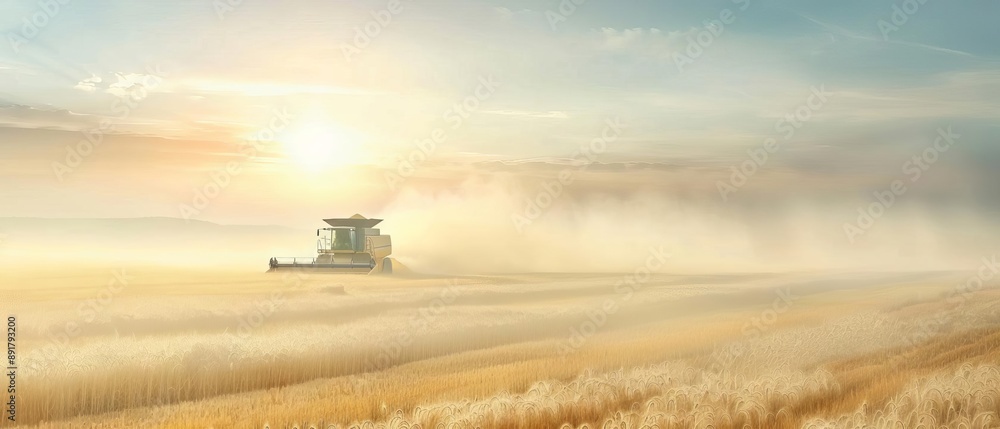Fototapeta premium Combine harvester creating dust cloud in golden field