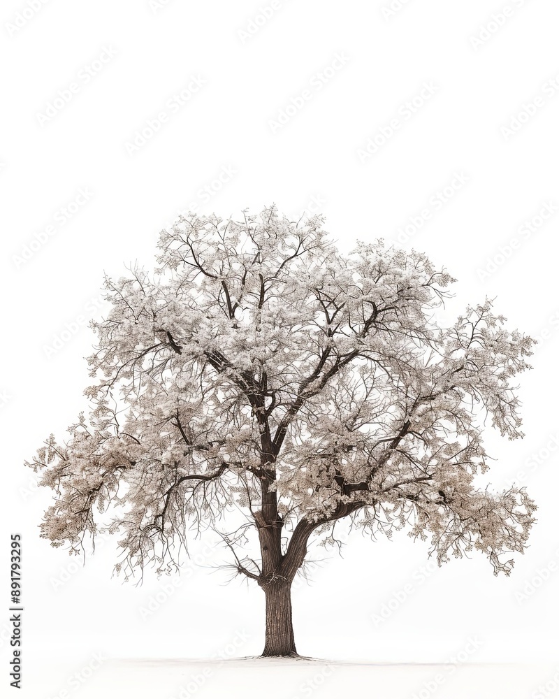 White Walnut tree, frosted by winter, stands gracefully against white backdrop White Walnut tree, frosted by winter, stands gracefully against white backdrop