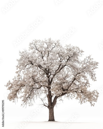 White Walnut tree, frosted by winter, stands gracefully against white backdrop