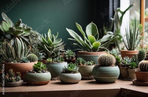 Wallpaper Mural Assortment of succulents and cacti in different sizes and pots displayed on wooden table against green wall Torontodigital.ca