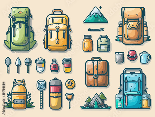 Set of camping and hiking equipment icons. Vector illustration in cartoon style.